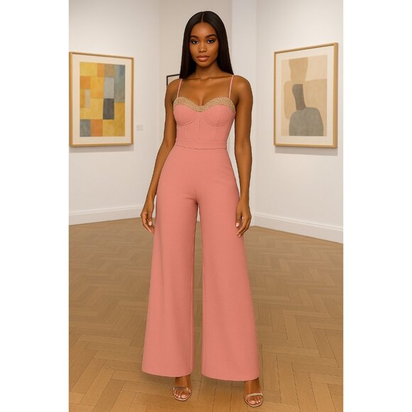 Mac Duggal IEENA Pink Rhinestone Bustier Jumpsuit 11765 Wide Leg Size 2 - Picture 2 of 16